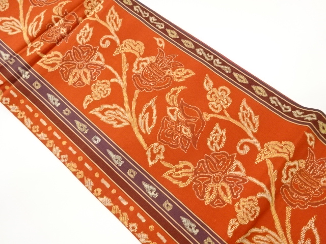 縞に花唐草模様織出し袋帯